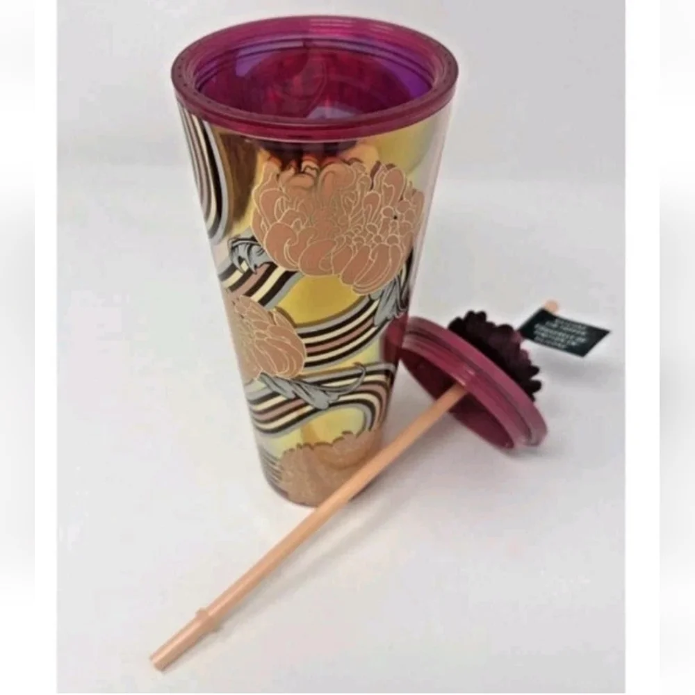 Starbucks 2024 Plastic Tumbler 24 Oz Purple Dome Lid Metallic Floral